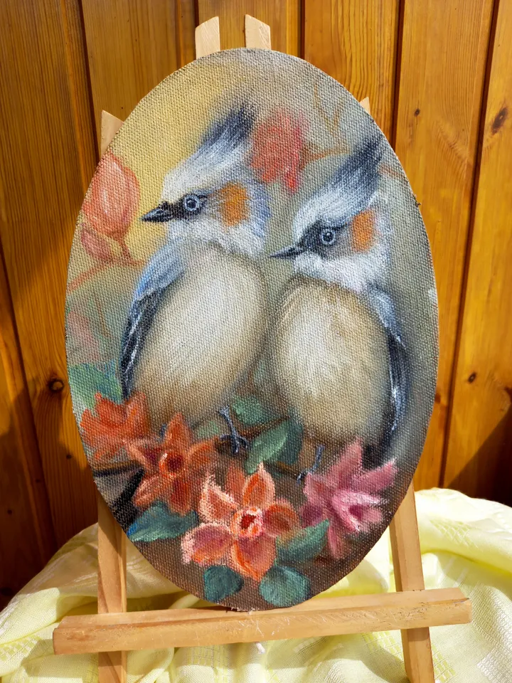 Bird original oil painting with a frame 25x35 cm