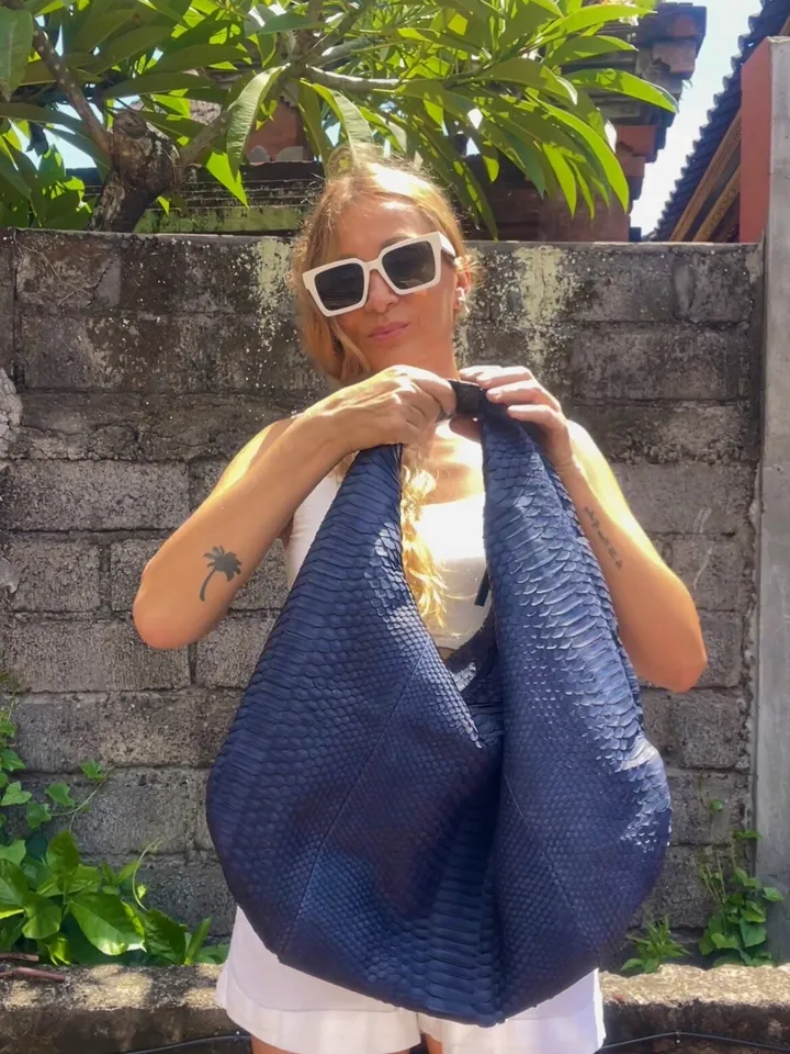Big Soft Hobo Classy Sport Woman Bag | Purse Genuine Python Skin | Python Skin Products | Blue Big Elegant Leather Designer Soft Bag Snake