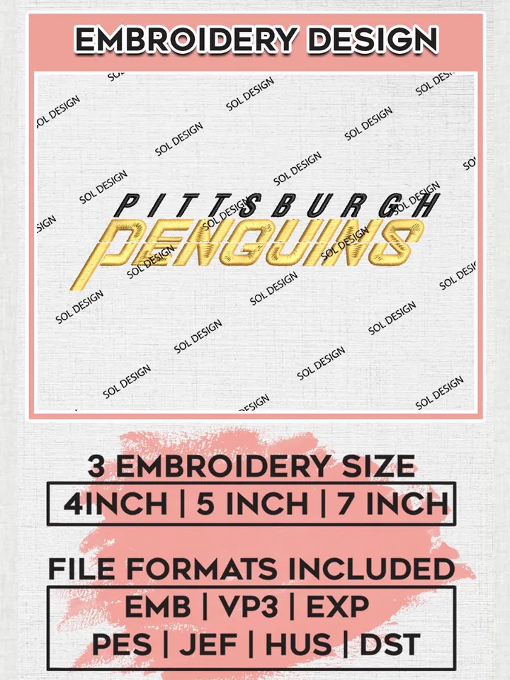 Pittsburgh Penguins NHL Wordmark Logo Embroidery Files, NHL Pittsburgh Penguins Team Embroidery Designs,  NHL Embroidery Designs, NHL Machine Embroidery Designs, Digital Download