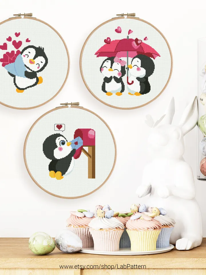 Funny Penguins Love Heart, ornament, nursery decor valentine's day cross stitch pattern, counted, chart, gift DIY, embroidery, instant PDF