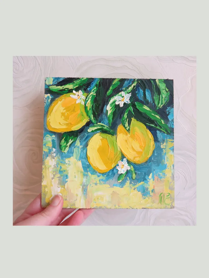 Original Oil Painting of Lemons on a Branch – Fresh Citrus Mini Art Bright Kitchen Wall Decor