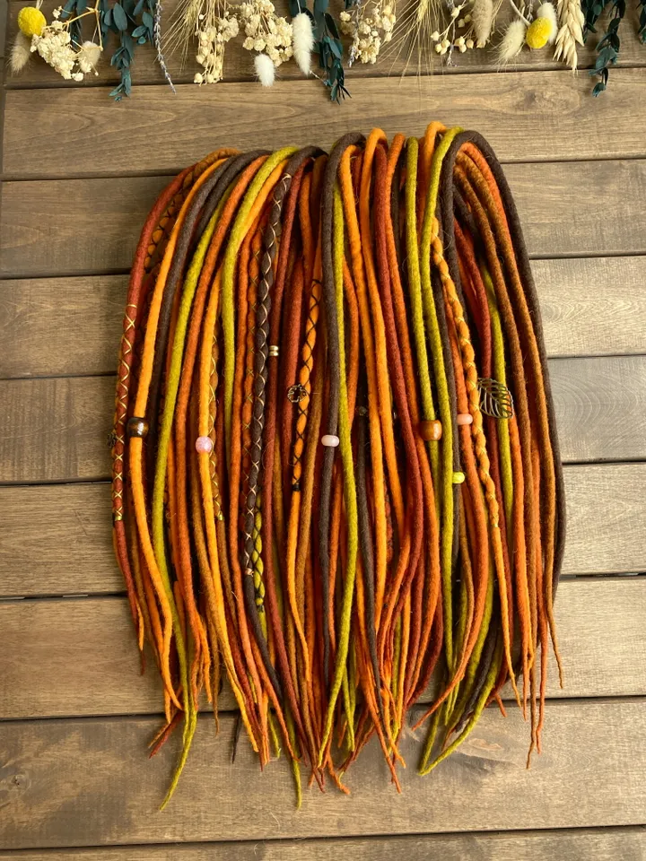 Wool Brown orange mustard green pumpkin, rust red copper Double Ended dreadlocks, Ready to ship