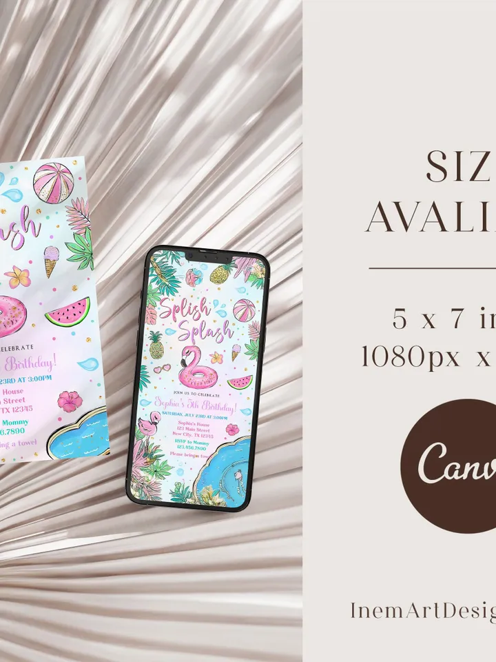 Flamingo Birthday Invitation, Splish Splash Birthday Invitation, Flamingo Pool Party Invitation Girl Instant Download Editable Template