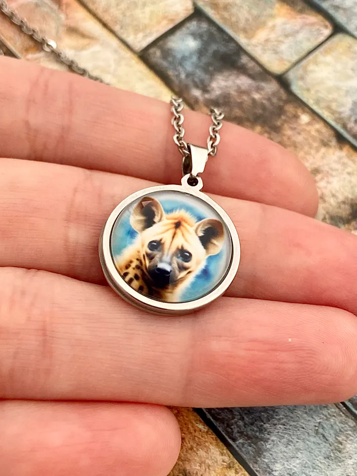 Hiene necklace, steel pendant with glass, Hiene lover gift