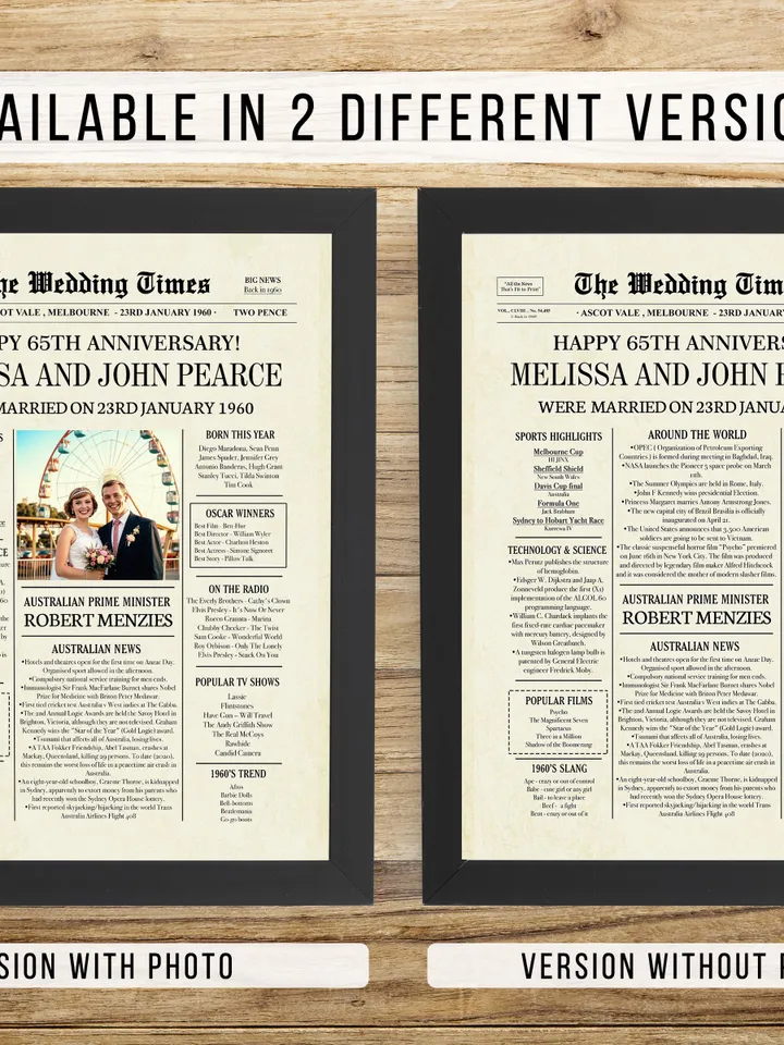 65th wedding anniversary gift for parents 1960 australian newspaper poster printable the wedding times 65 year sapphire celebration card