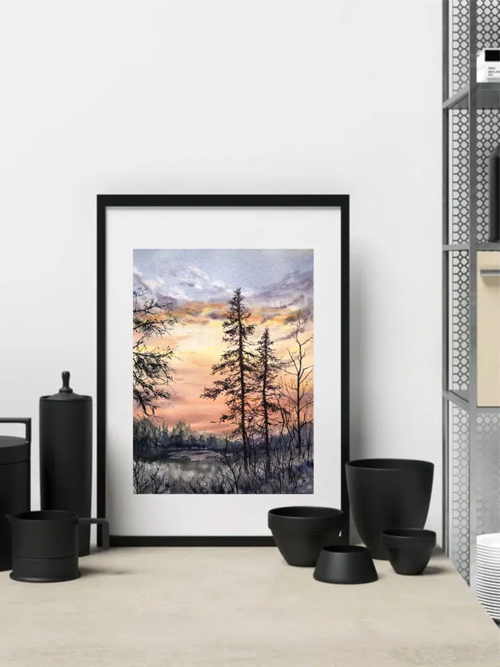 Landscape Original Painting Sunset Watercolor Painting Trees Forest Wall Art
