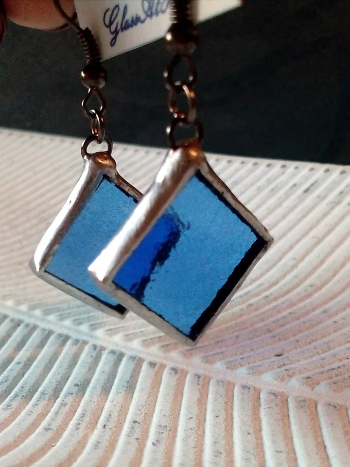 Simple stained glass, blue earrings, cute squar earrings, geomentic earrings