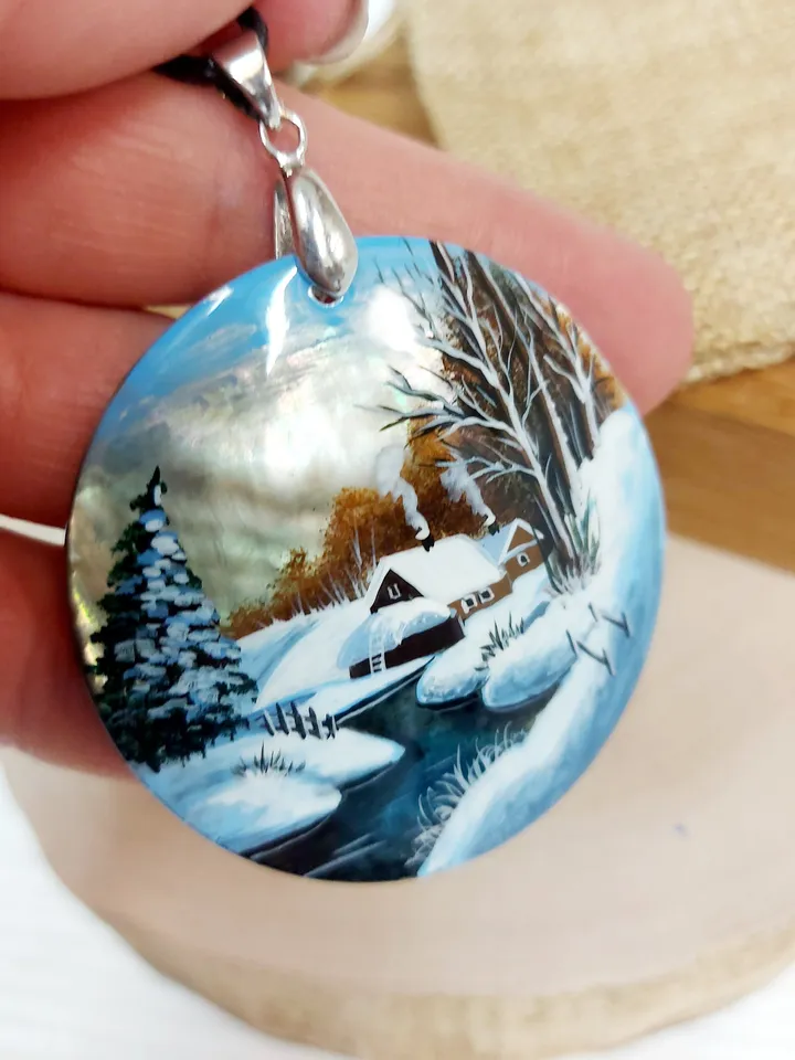 Nice Pendant Winter landscape. River. Mother-of-pearl Russian hand painting. Hand-painted necklace pendant. Hand painted miniature painting