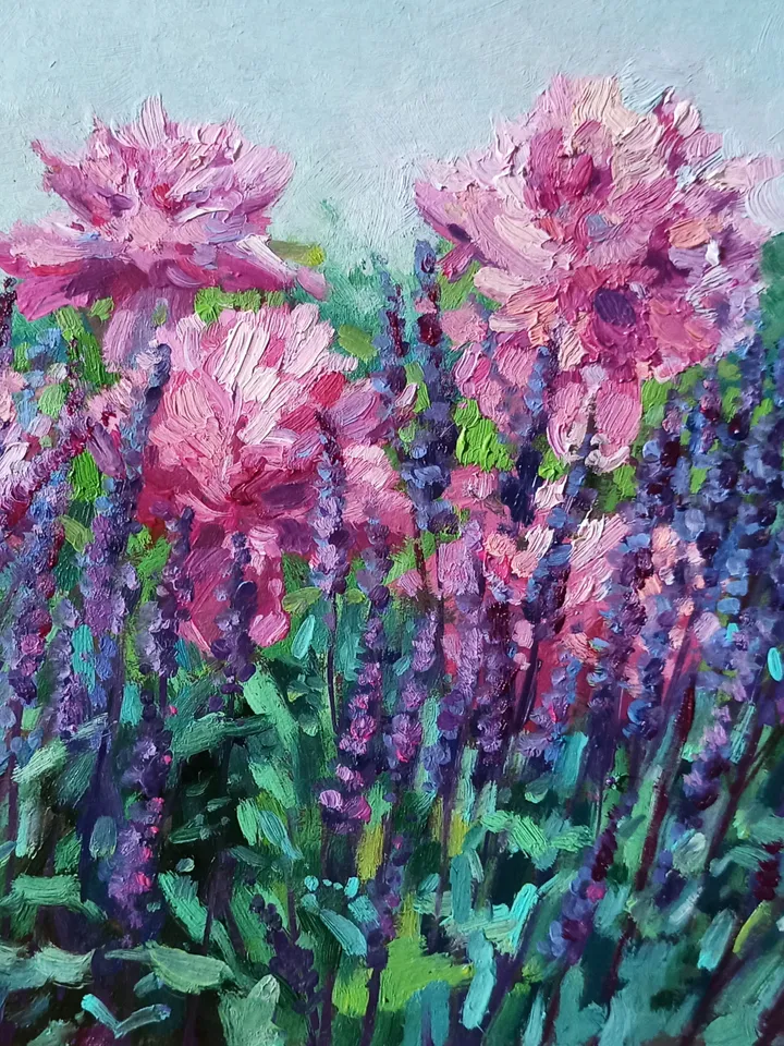 Sage and Peonies, Garden flowers, Original oil painting on art cardboard 18x24cm