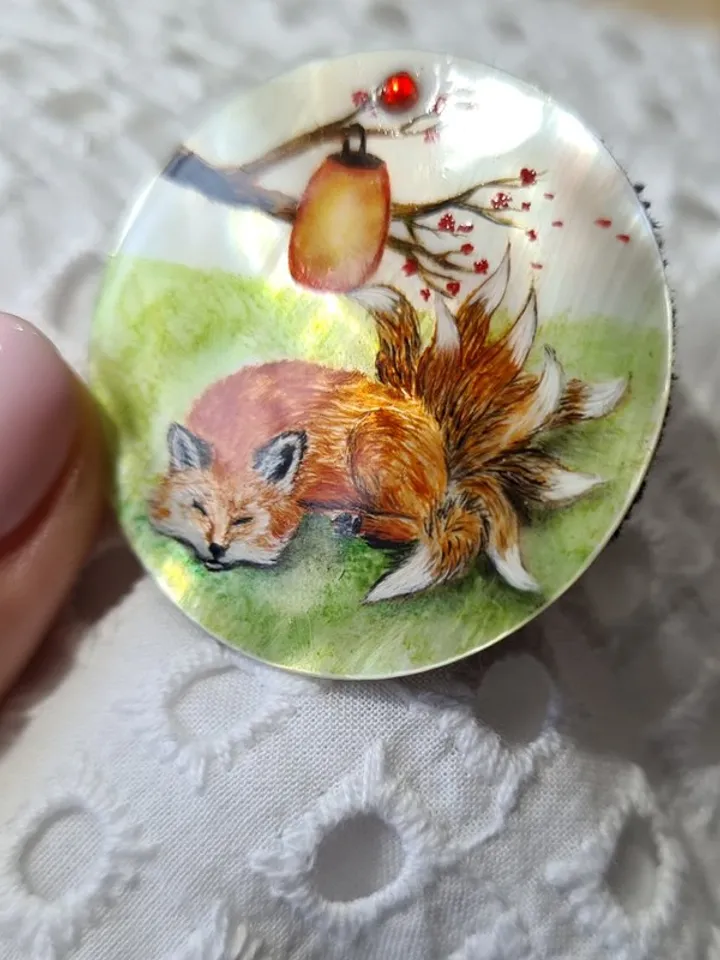 Kitsune brooch, real oil painting miniature on mother of pearl. Kitsune fox pin