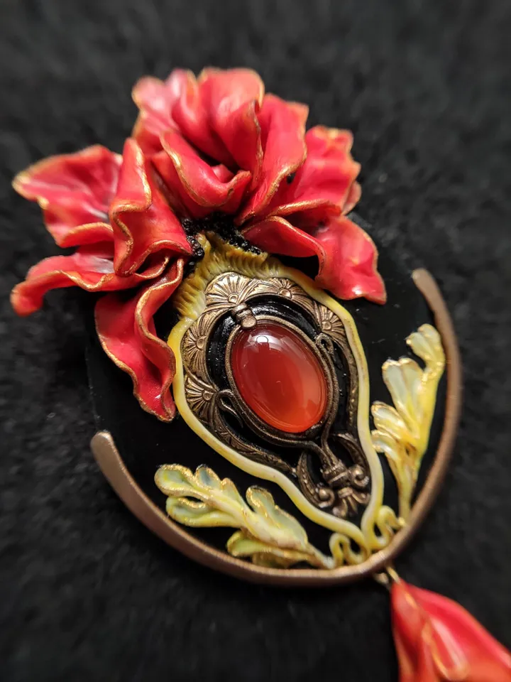 Peony Flower Pin, Art Nouveau Cameo