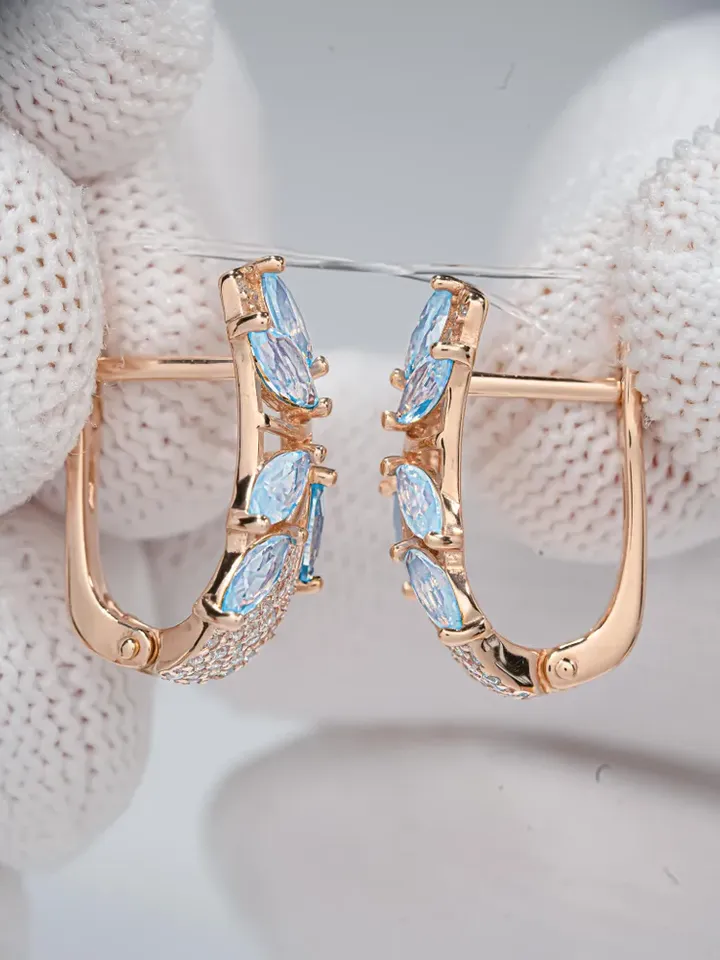 Twig-shaped earrings, 925 silver (585 gold coating), with blue agate and white cubic zirconia