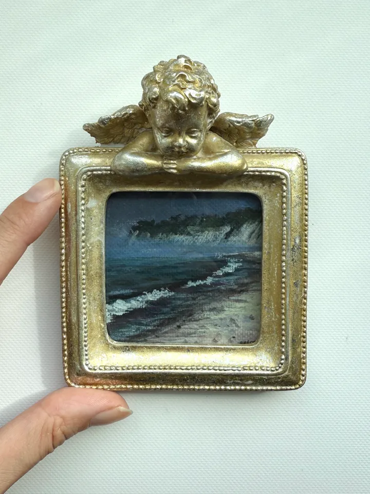 Small Landscape Painting Framed Original Foggy Cliff Painting Antique Misty Art Coastal Gold Frame Tiny Paintings 4 x 4 Art Victorian artwork