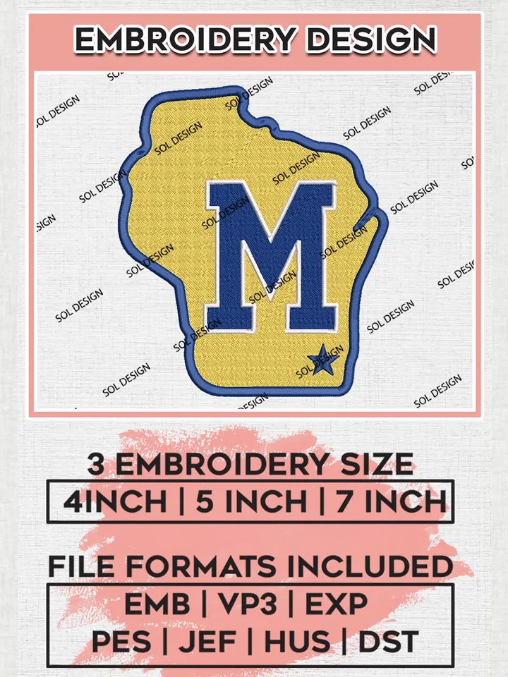MLB Milwaukee Brewers Map Logo Embroidery Files, MLB Milwaukee Brewers Team Embroidery, NCAA Teams, 3 sizes, MLB Machine embroidery designs, Digital Download