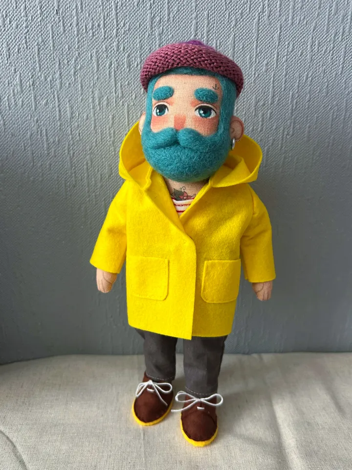 Textile doll sailor with turquoise hair