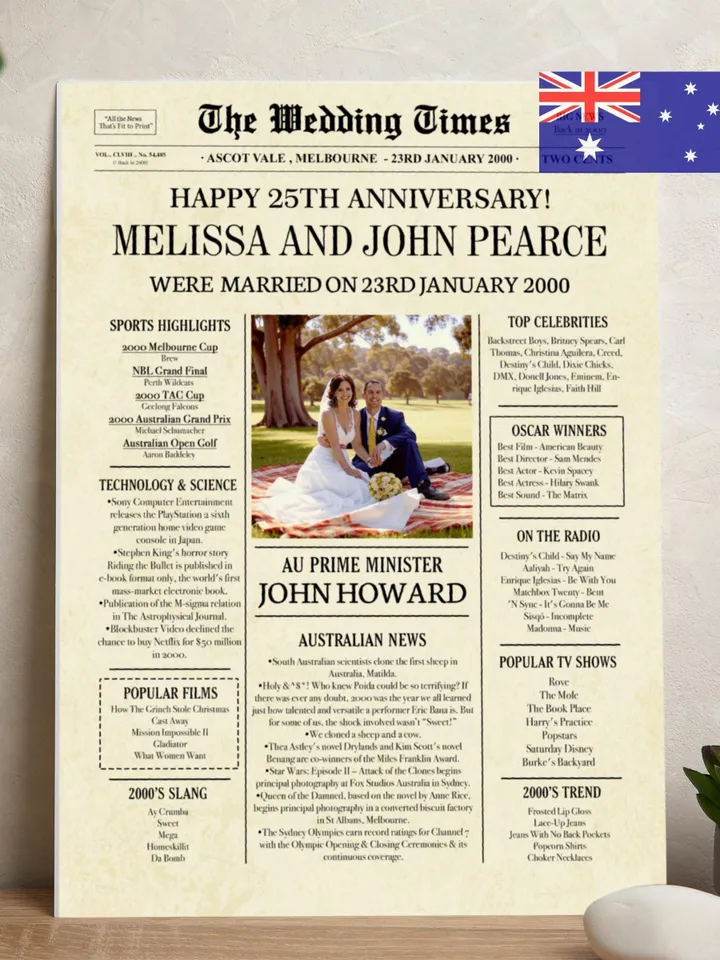 25th anniversary gift for husband, 25th anniversary gift for parents, 2000 anniversary for couples, silver anniversary newspaper for Aussie