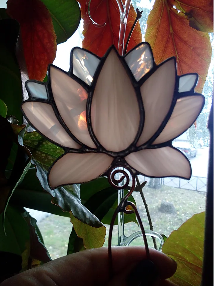 Flower suncatcher, Lotos, Pink lotos flower, nature Stained glass, Glass plant, Stained glass flower, Garden art