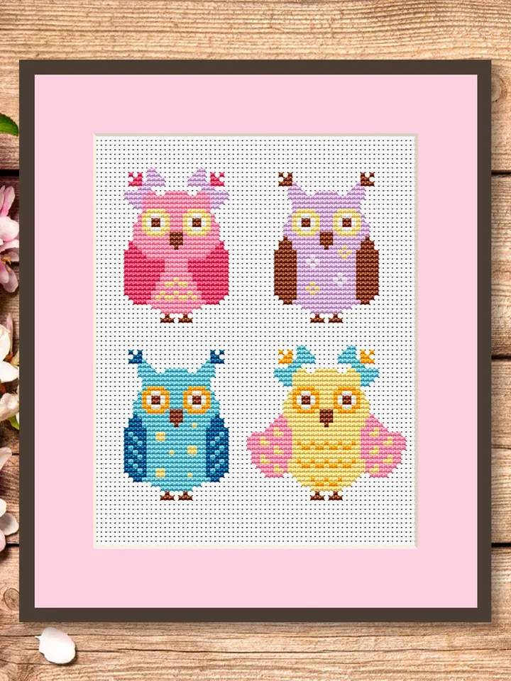 Set of 4 Owls Cross Stitch Pattern, Animal Cross Stitch, Embroidery Owls, Owl Cross Stitch, Modern Cross Stitch #anm037