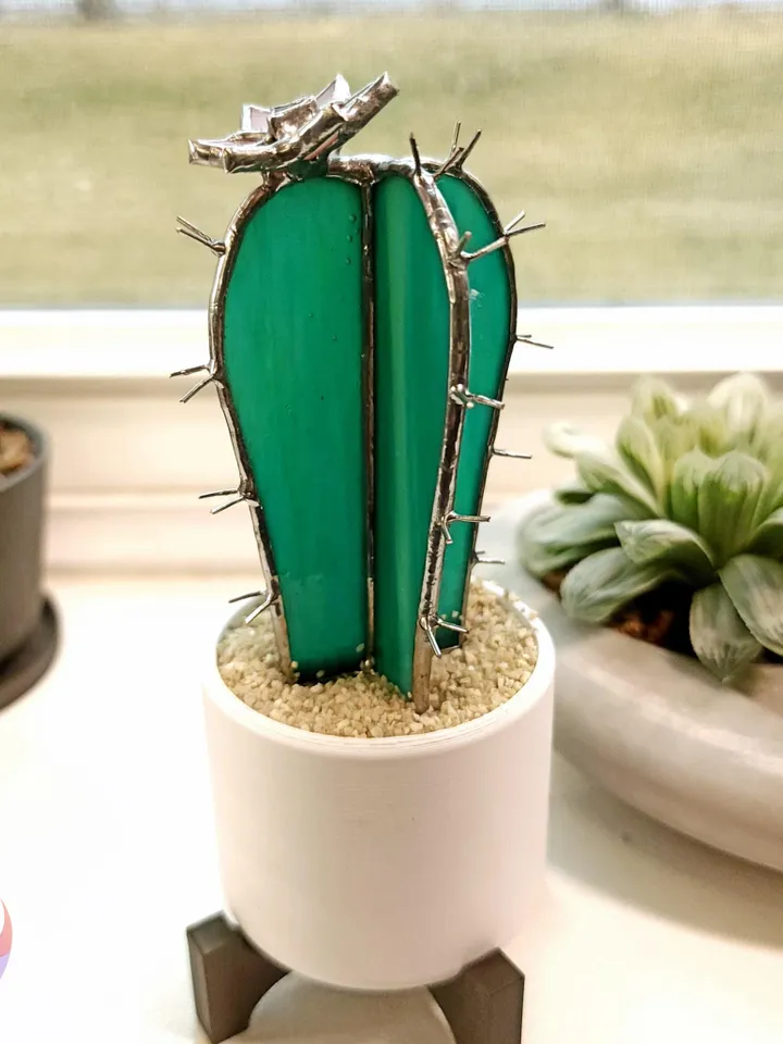 Small Stained Glass Torch Cactus with Mini Pink Flower Suncatcher in Cute Pot for Windowsill Decor Perfect No Kill Gift for Succulent Lover