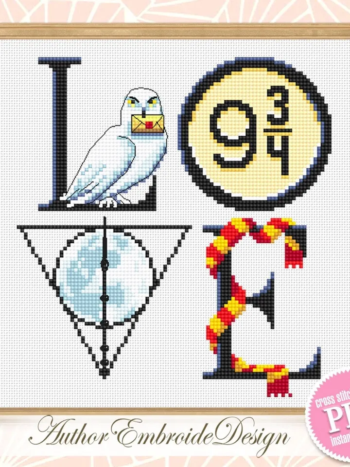 Wizard Love cross stitch pattern PDF download Wizard school cross stitch chart, Magic pattern digital PDF, Magic wand, Letter owl #O14