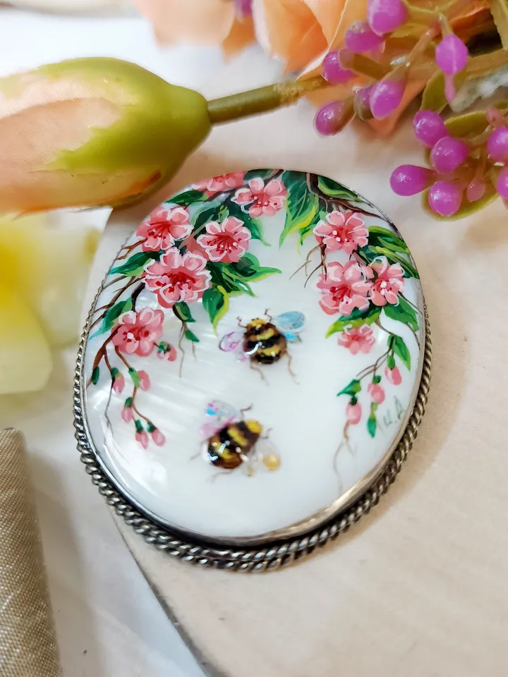 Brooches for women: Pink Wild Roses and Bees Brooch, wonderful hand painted shell pins, handmade paintings on mother of pearl pin for dress