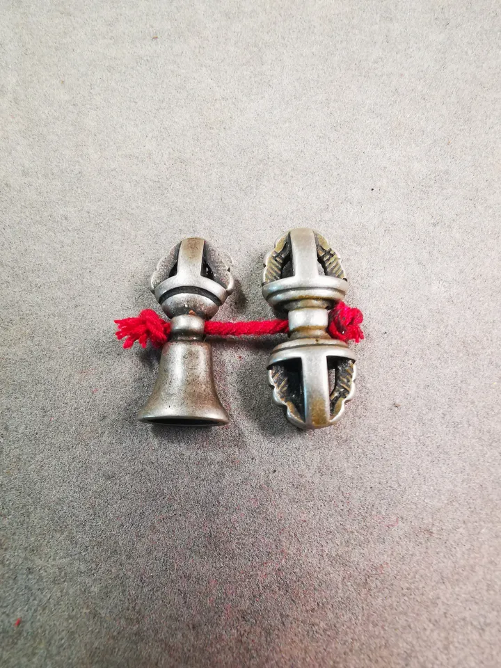 Gandhanra Handmade Tibetan Amulet Pendant,Mini Vajra and Dorje Bell, Mala Marker Bead Accessories, Made of White Copper