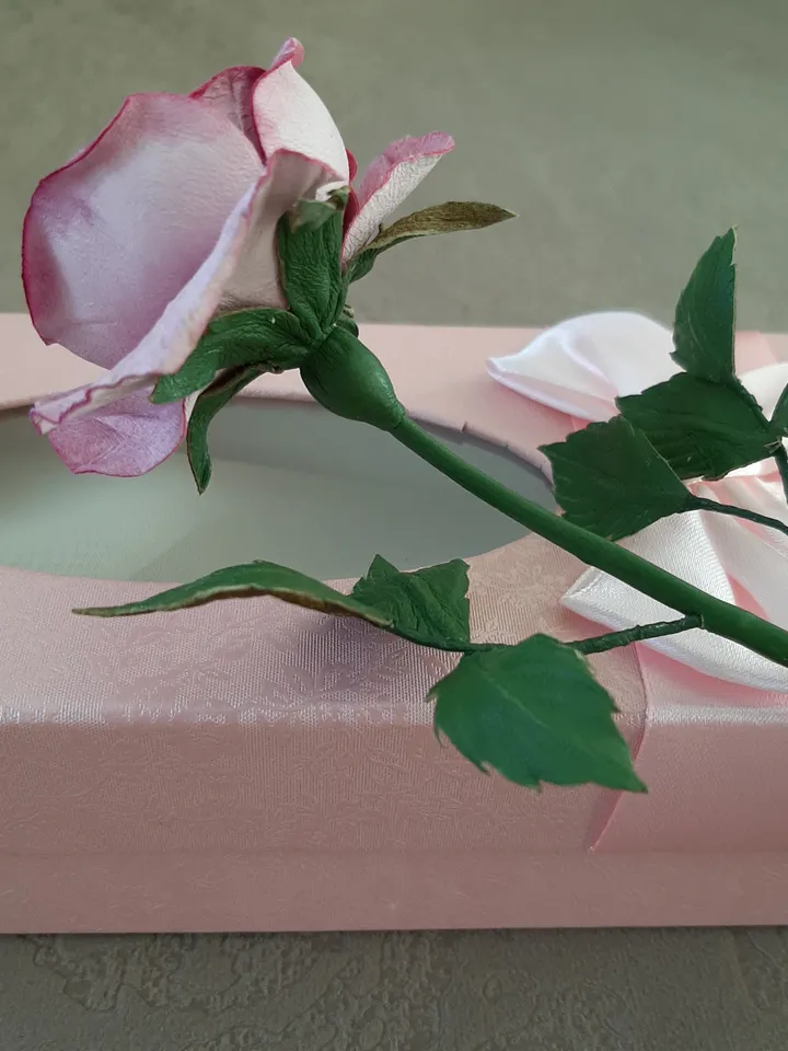 Pink leather rose long stem 3th anniversary gift for her, Leather flower living room decor