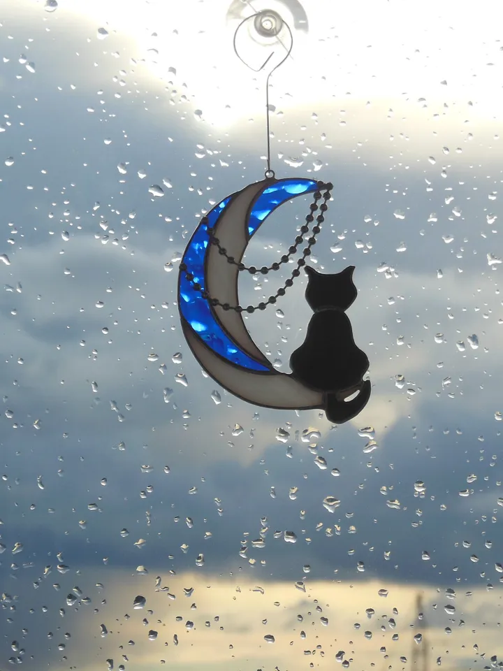 Black Cat On Moon with Chains . Art stained glass hanging Suncatcher . Gift for animal lover , pet loss memorial White , blue and black