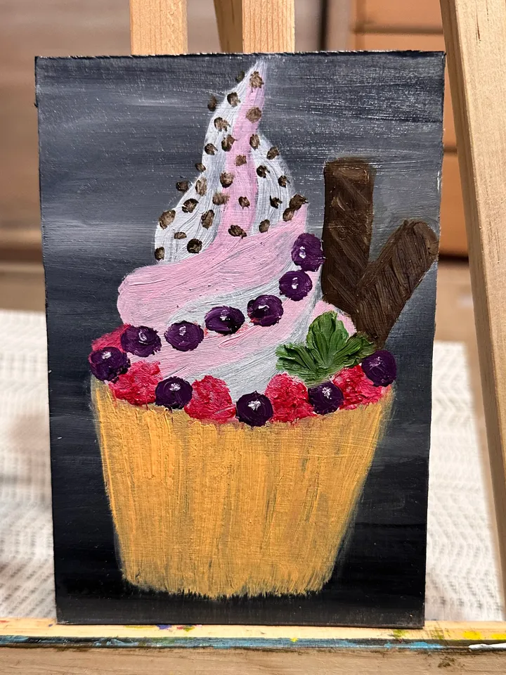 Oil Painting Cupcake Cake with Chocolate Balls Dessert Food Kitchen 15x10 cm 6x4 inch Cardboard Miniature Wall Decor Gift for Her