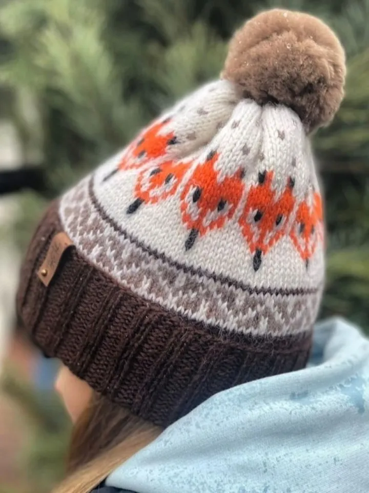 Warm jacquard knitted pompom hat
