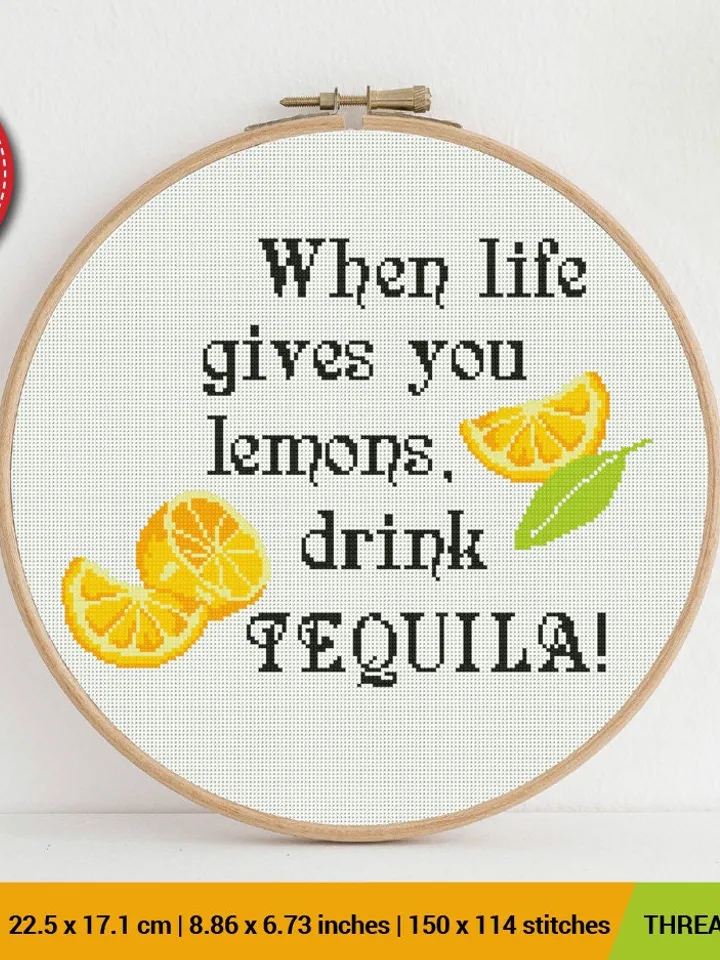 When Life gives Lemons drink Tequila Cross stitch pattern | Embroidery Pattern | Instant Download | Embroidery Designs