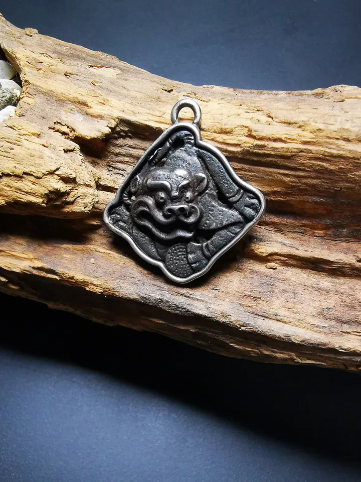 Gandhanra Antique Tibetan Buddhist Amulet,Tiger-the Four Dignities(Garuda,Tiger,Dragon,Lion),Buddhist Protective Talisman,Inlaid with Sliver