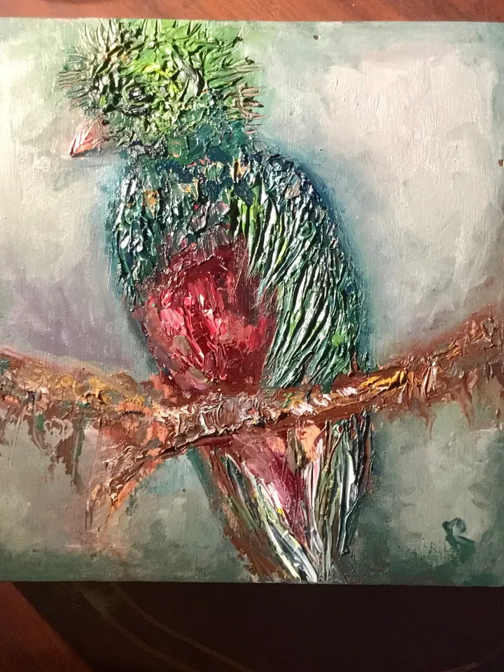 Quetzal bird,original oil impasto style painting on wooden box ,birds painting,exotic birds painting,wall decoration,unique gifts.