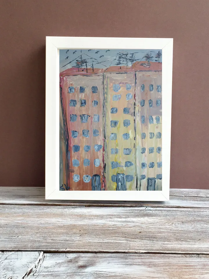 Oil painting City high rises tall buildings street original art handmade cardboard 10x7 inches