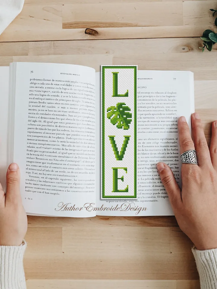 Green bookmark cross stitch pattern PDF download Monstera leaf cross stitch chart, Floral bookmark pattern digital PDF, The word Love #B355