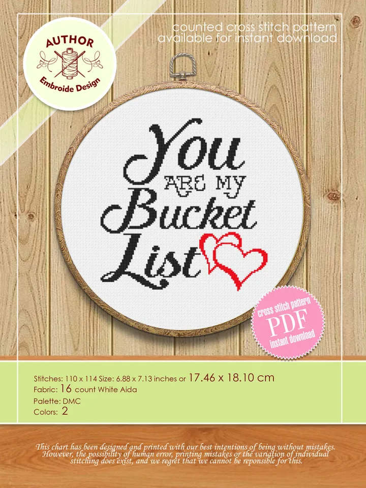 Love quote cross stitch pattern download PDF, Love lettering You are my bucket list cross stitch chart, Valentines day gift Easy stitch #V10