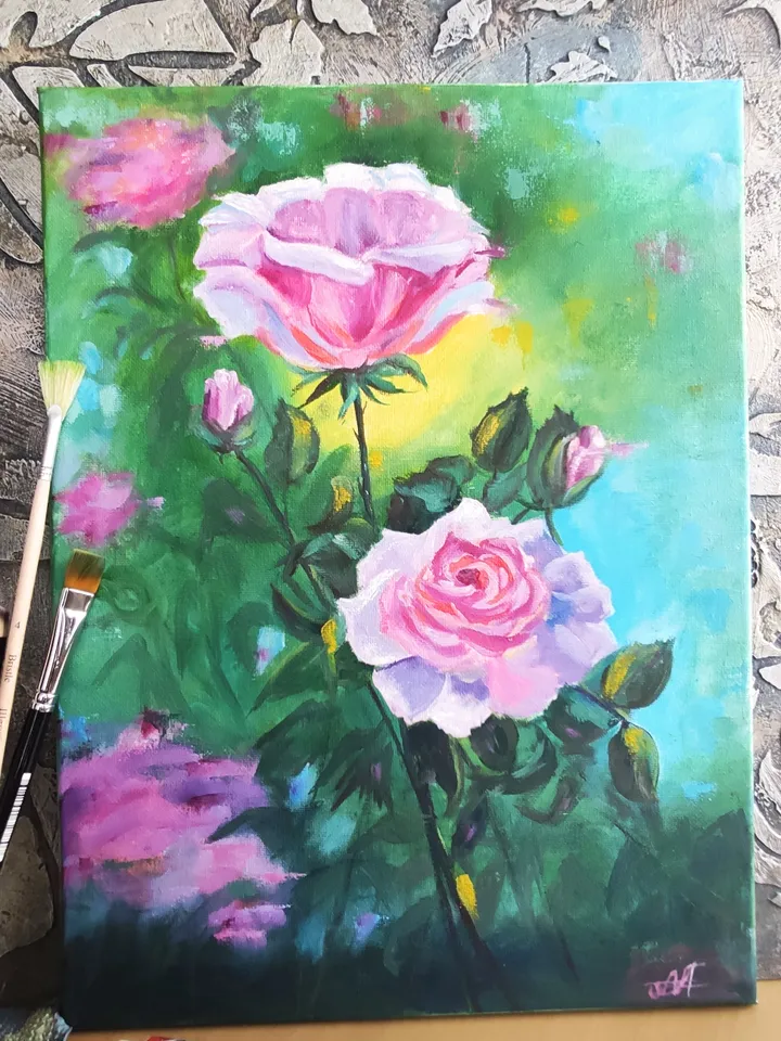 Roses in the garden oil on canvas pink flowers 30*40 cm