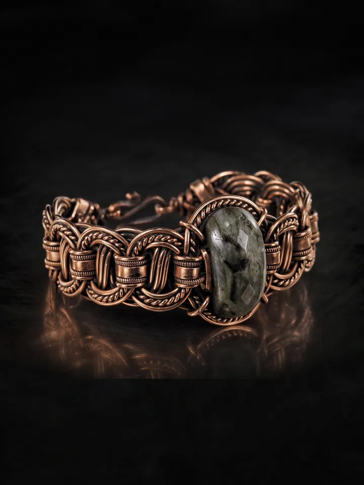 Copper wire wrapped larvikite bracelet Unique bangle 7th Wedding Anniversary