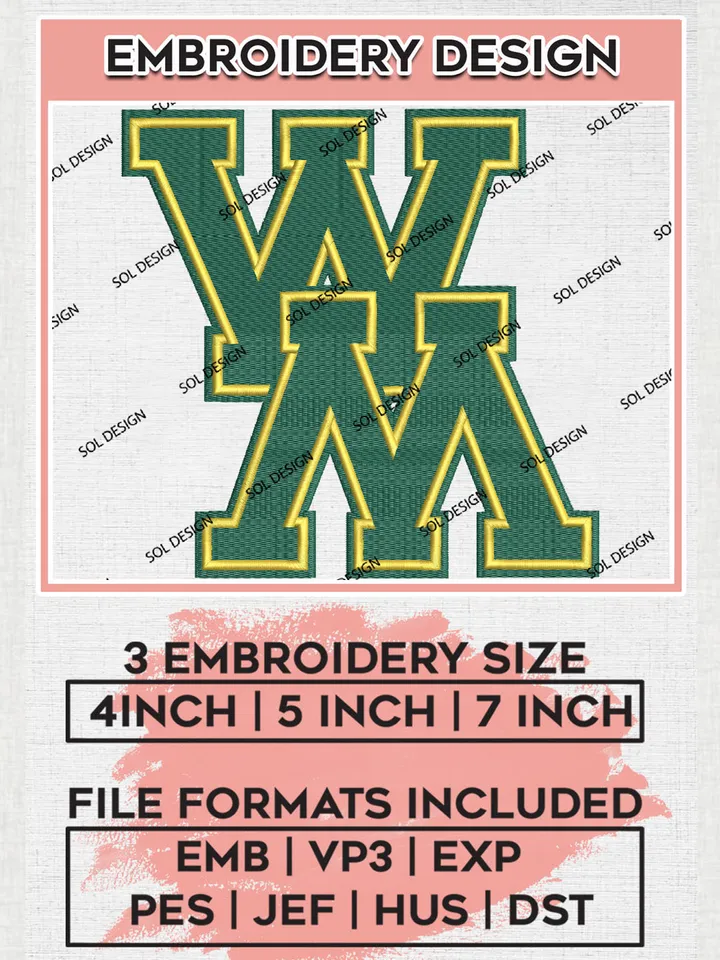 NCAA WM Football Team Letter Logo Embroidery Design Files, NCAA William & Mary Tribe Machine Embroidery, NCAA Teams, Game Day, 3 sizes, NCAA Machine embroidery designs, Digital Download