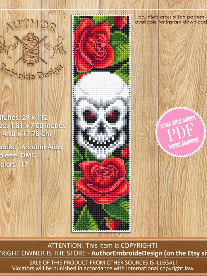 Gothic bookmark cross stitch pattern PDF download Skull and roses cross stitch chart, Bookmark pattern digital PDF, Red flowers #B372