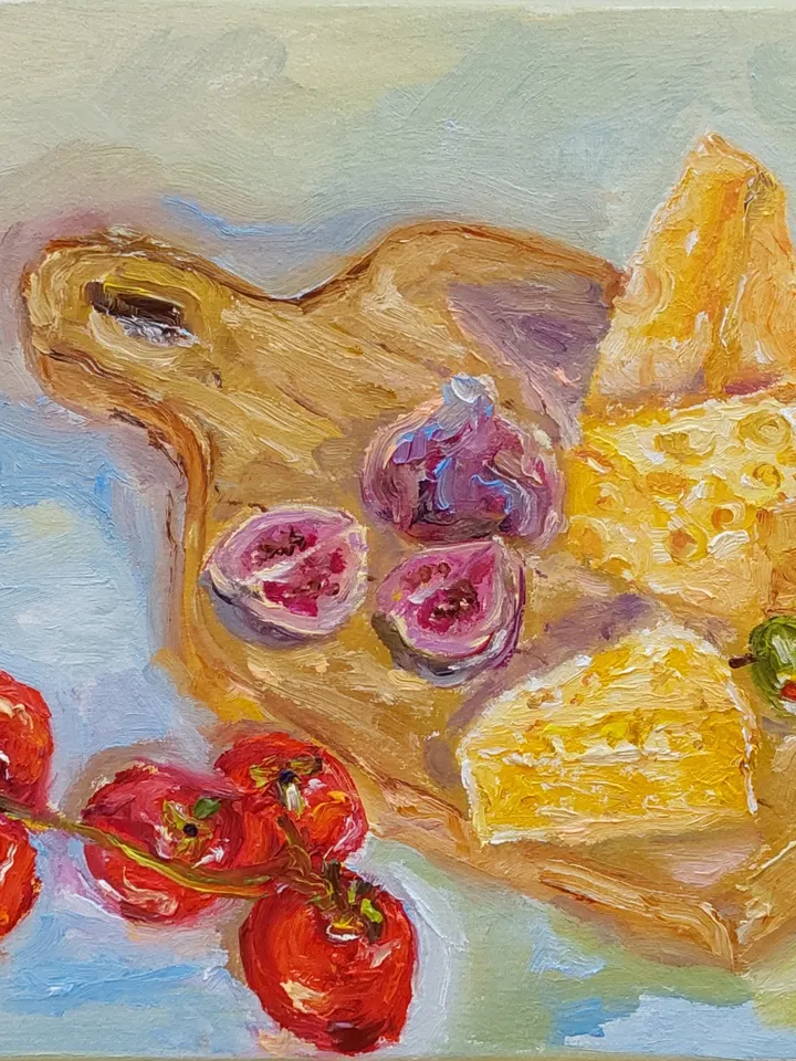 Oil painting on canvas "Still life with cheese" 25x20cm (10x8inch)