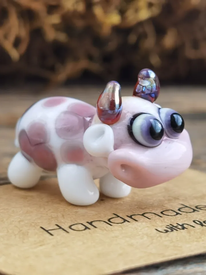 GLASS FIGURINES Cow figurine Glass cow Miniature cow tiny cow Tiny glass animals Farm animals Strawberry Dollhouse miniature Blown