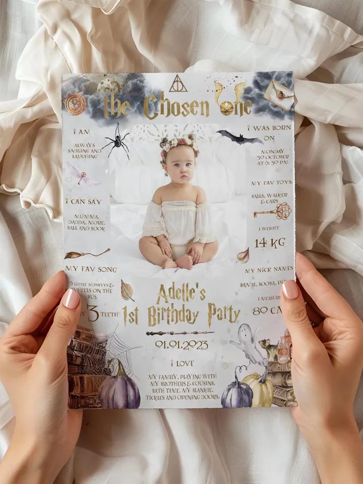 The Chosen One Birthday Party; Milestone Board Wizard Birthday Party; Magic School 1st Birthday; Editable Wizarding World Milestone Sign; a1