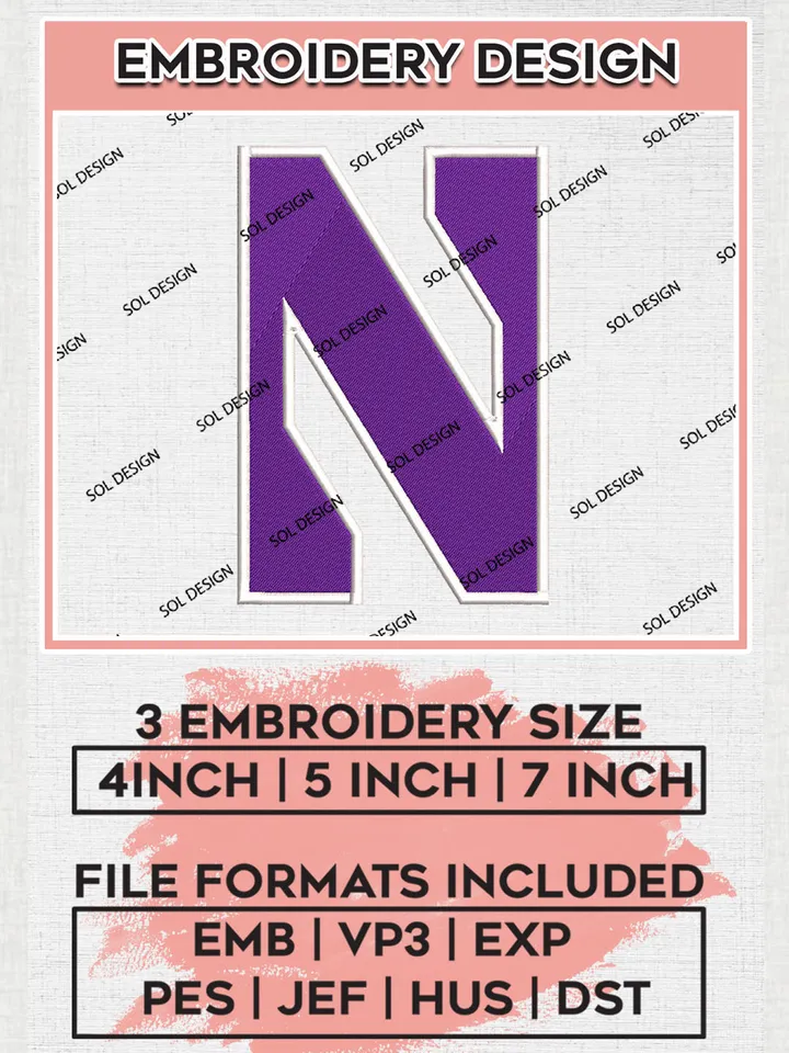 Northwestern Wildcats Logo Machine Embroidery Design, NCAA Northwestern Wildcats Embroidery Design Design files, NCAA Embroidery Designs, NCAA Machine Embroidery Designs, Digital Download