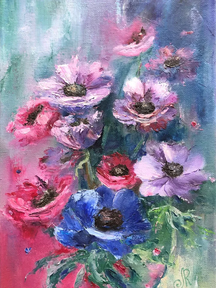 Flowers Original Painting Floral Oil Wall Art Anemones Painting