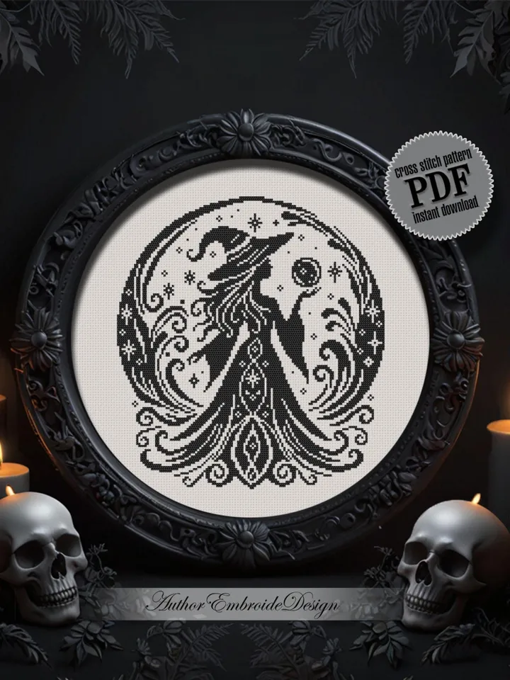 Halloween witch cross stitch pattern PDF download Mystical cross stitch chart, Monochrome magic pattern digital PDF Witchy crystal ball #H79