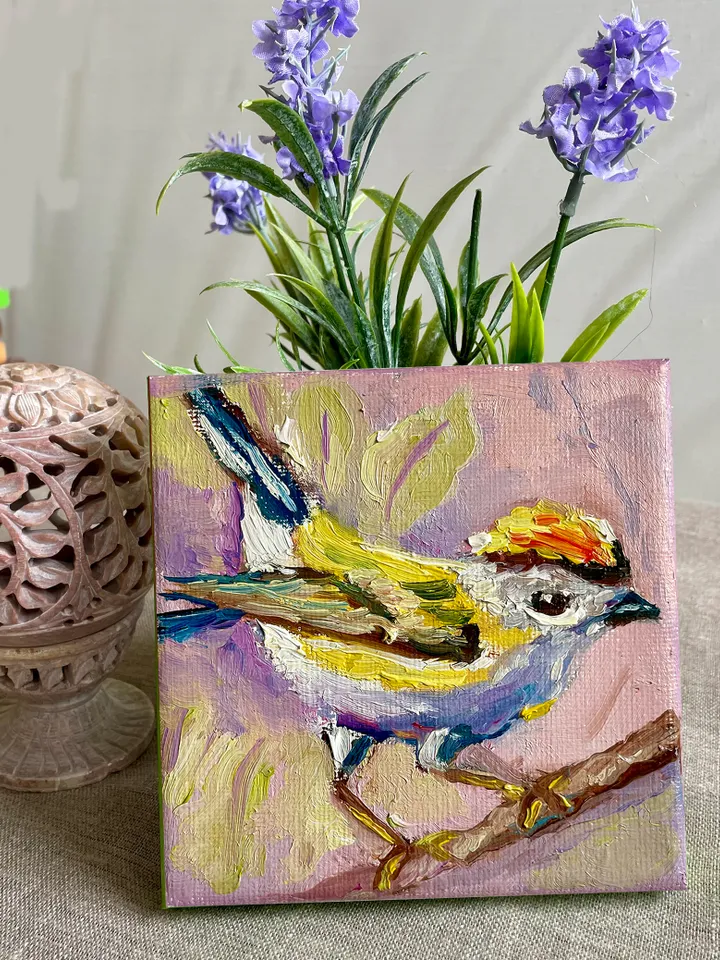 Chickadee Painting, Bird Art Original oil Painting on Canvas, Wildlife Wall Art, Miniature Artwork 4"x 4"