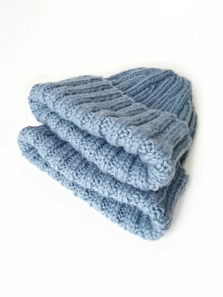 Handcrafted Light Blue Men's Winter Beanie: Luxurious Cashmere-Merino Wool Blend, Ribbed Texture, Cozy and Warm Knit Hat. FREE SHIPPING!