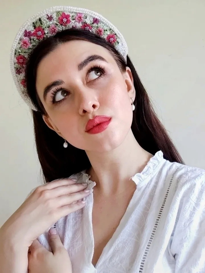 Crown Headdress Tiara Bohemian Style Beaded Embroidery White with Flowers Boho Pattern Ala Rus Ethnic Boho Headdress Accessory  Eclectic Bride Costume Fashion