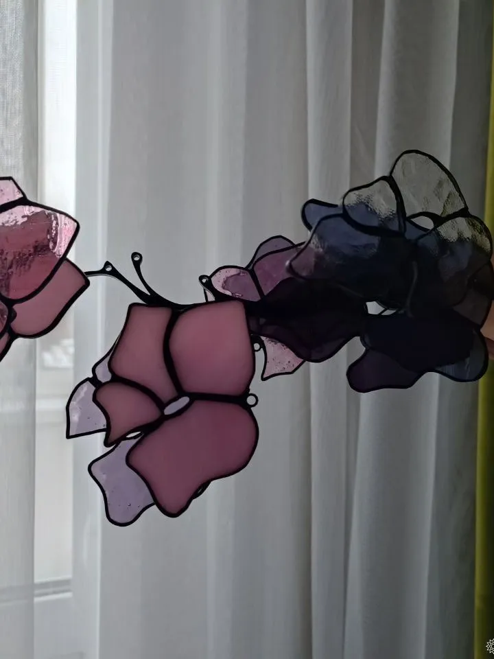 3D Pink and Purple Stained Glass Branch, 3D Pink and Purple Stained Glass Branch, Pink-Purple Floral Branch in 3D Stained Glass, 3D Stained Glass Blossom Branch in Rose and Violet, Handcrafted 3D Stained Glass Flowering Twig, Rose-Violet Glass Flower Stem